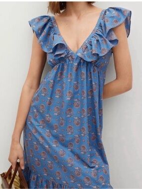 Mango Blue Floral Ruffle Midi Dress